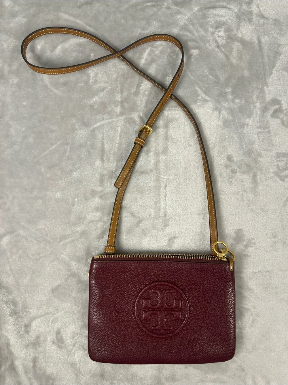 Tory Burch Burgundy Pebbled Leather Crossbody with Tan Strap